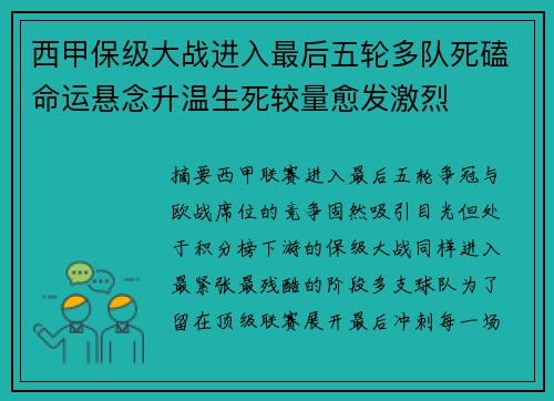 西甲保级大战进入最后五轮多队死磕命运悬念升温生死较量愈发激烈 西甲保级大战进入最后五轮多队死磕命运悬念升温生死较量愈发激烈